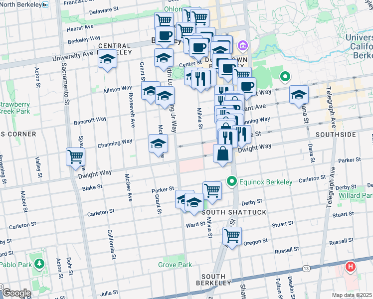 map of restaurants, bars, coffee shops, grocery stores, and more near 1927 Haste Street in Berkeley