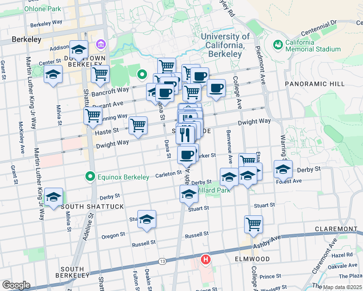map of restaurants, bars, coffee shops, grocery stores, and more near 2540 Telegraph Avenue in Berkeley
