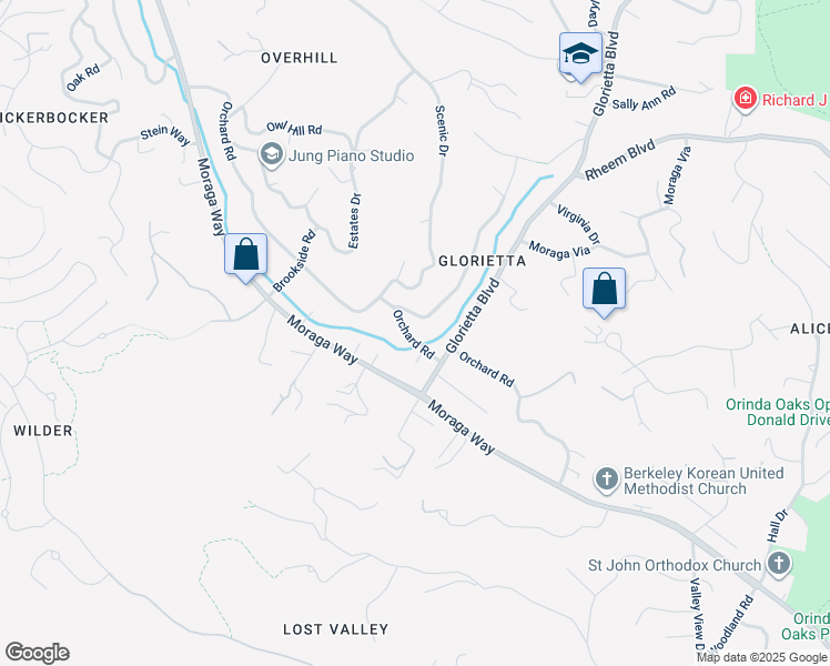 map of restaurants, bars, coffee shops, grocery stores, and more near 123 Orchard Road in Orinda