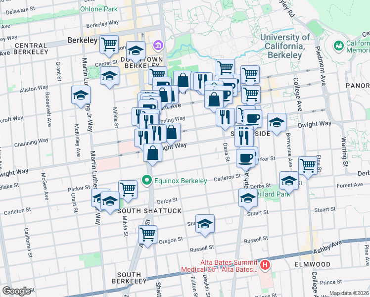 map of restaurants, bars, coffee shops, grocery stores, and more near 2222 Dwight Way in Berkeley