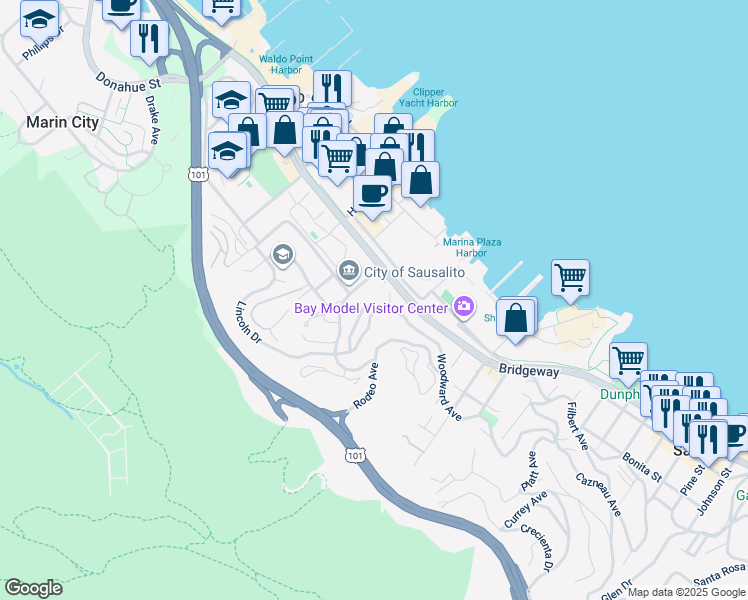 map of restaurants, bars, coffee shops, grocery stores, and more near 22 Marin Avenue in Sausalito