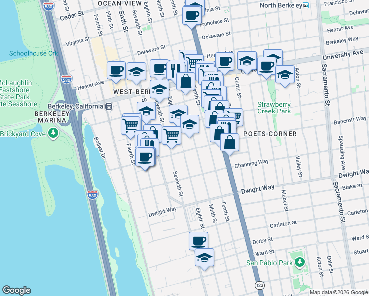 map of restaurants, bars, coffee shops, grocery stores, and more near 931 Bancroft Way in Berkeley