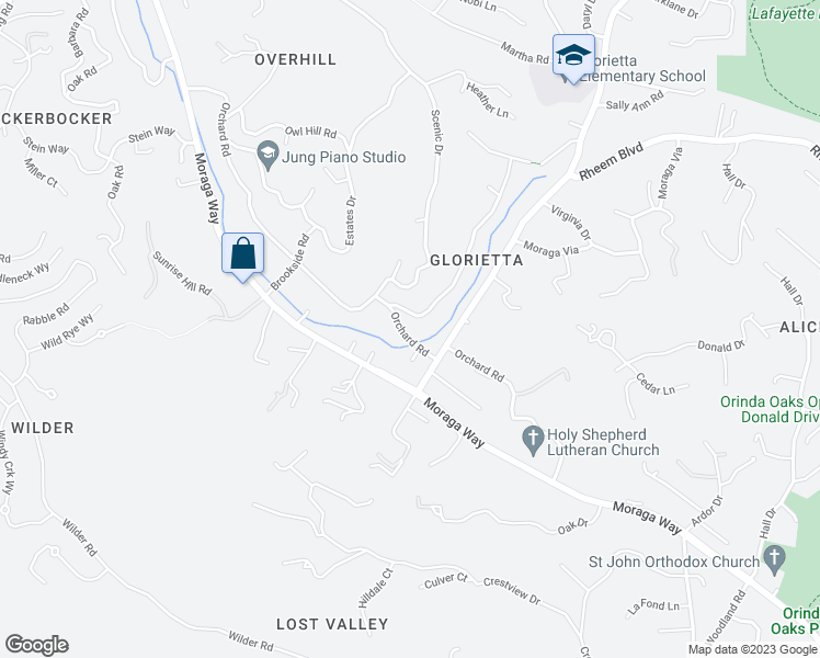 map of restaurants, bars, coffee shops, grocery stores, and more near 123 Orchard Road in Orinda