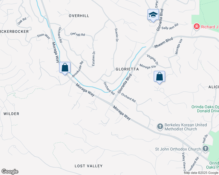 map of restaurants, bars, coffee shops, grocery stores, and more near 123 Orchard Road in Orinda