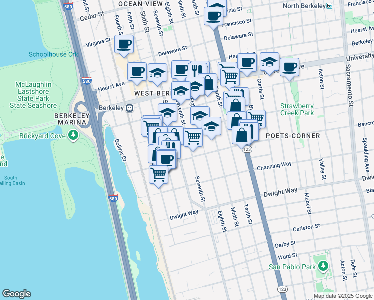 map of restaurants, bars, coffee shops, grocery stores, and more near 2231 Seventh Street in Berkeley