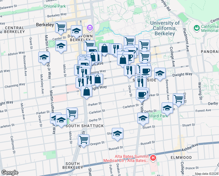 map of restaurants, bars, coffee shops, grocery stores, and more near 2230 Dwight Way in Berkeley