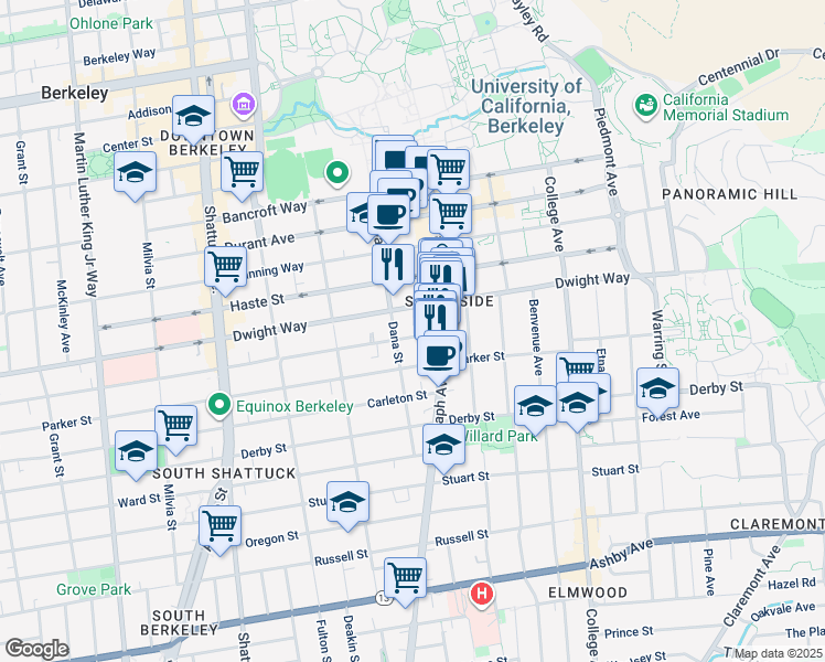 map of restaurants, bars, coffee shops, grocery stores, and more near 2415 Blake Street in Berkeley