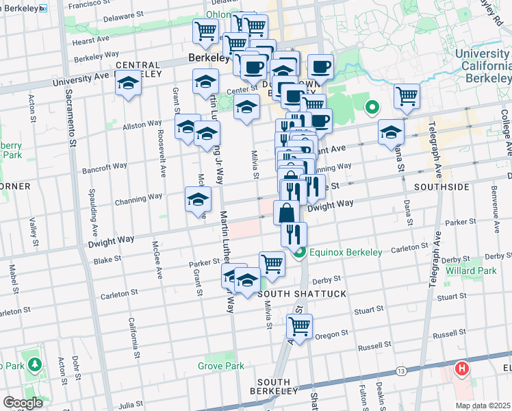 map of restaurants, bars, coffee shops, grocery stores, and more near 2432 Milvia Street in Berkeley