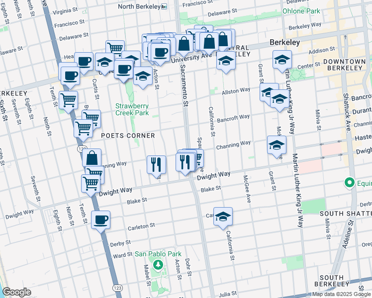 map of restaurants, bars, coffee shops, grocery stores, and more near 2378 Sacramento Street in Berkeley