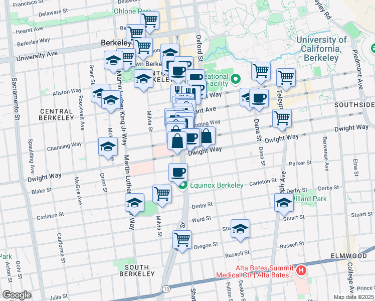 map of restaurants, bars, coffee shops, grocery stores, and more near 2121 Dwight Way in Berkeley