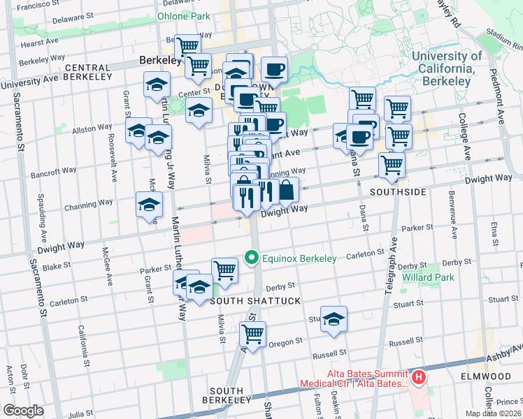 map of restaurants, bars, coffee shops, grocery stores, and more near 2121 Dwight Way in Berkeley