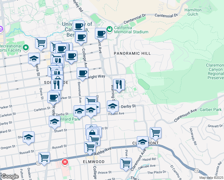 map of restaurants, bars, coffee shops, grocery stores, and more near 2546 Warring Street in Berkeley