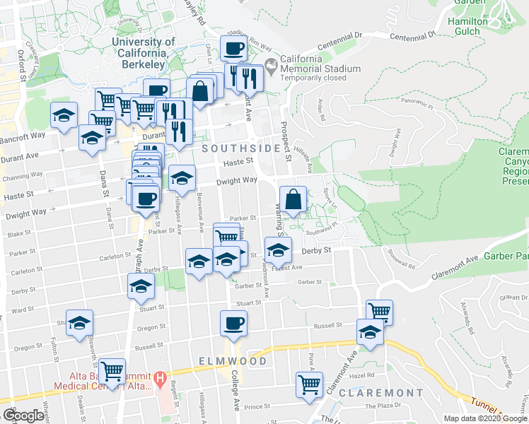 map of restaurants, bars, coffee shops, grocery stores, and more near 2532 Piedmont Avenue in Berkeley