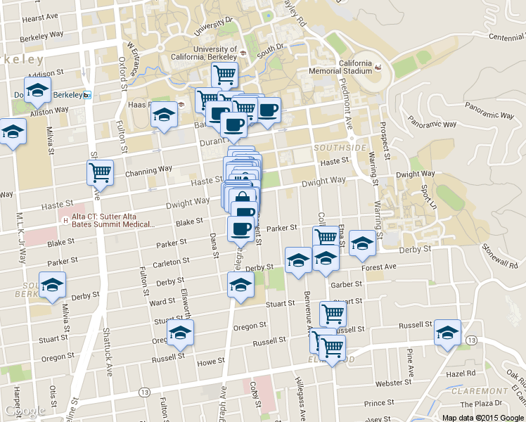 map of restaurants, bars, coffee shops, grocery stores, and more near 2517 Regent Street in Berkeley