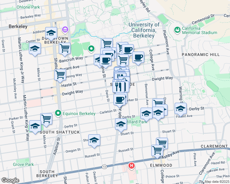 map of restaurants, bars, coffee shops, grocery stores, and more near in Oakland