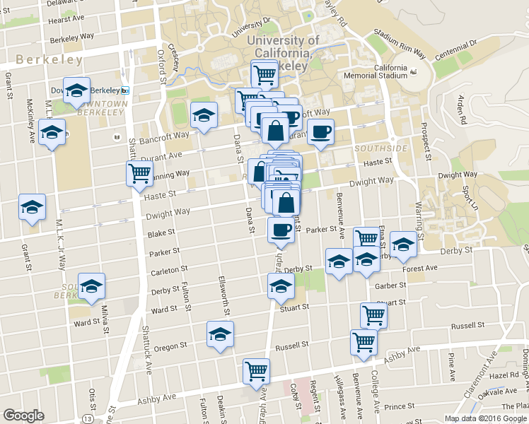map of restaurants, bars, coffee shops, grocery stores, and more near in Oakland