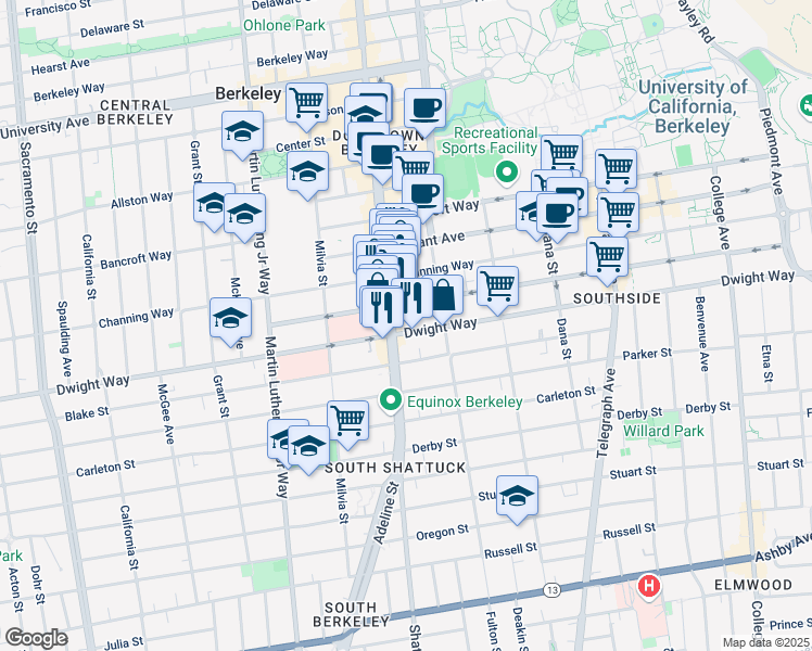 map of restaurants, bars, coffee shops, grocery stores, and more near 2133 Dwight Way in Berkeley