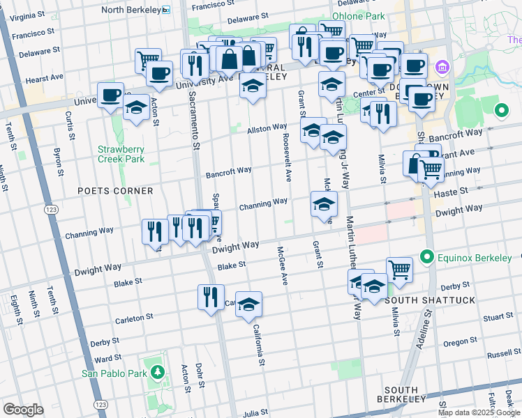 map of restaurants, bars, coffee shops, grocery stores, and more near 2400 McGee Avenue in Berkeley