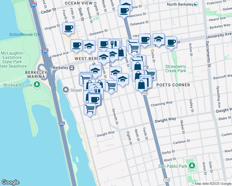 map of restaurants, bars, coffee shops, grocery stores, and more near 2231 Seventh Street in Berkeley