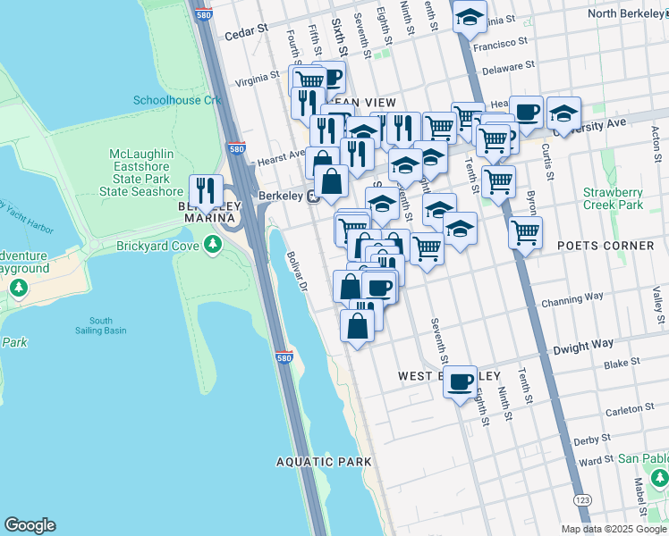 map of restaurants, bars, coffee shops, grocery stores, and more near 700 Allston Way in Berkeley