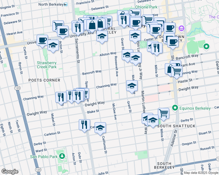 map of restaurants, bars, coffee shops, grocery stores, and more near 2400 McGee Avenue in Berkeley