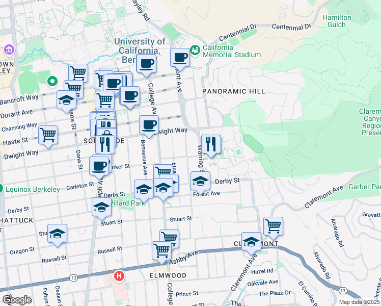 map of restaurants, bars, coffee shops, grocery stores, and more near 2532 Piedmont Avenue in Berkeley
