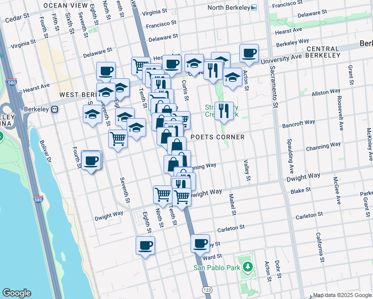 map of restaurants, bars, coffee shops, grocery stores, and more near 1128 Bancroft Way in Berkeley