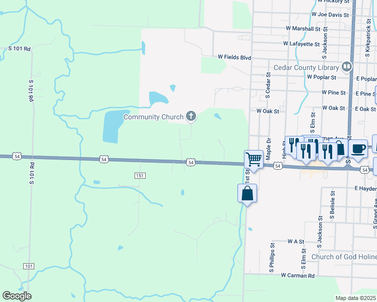 map of restaurants, bars, coffee shops, grocery stores, and more near 2450 Great Oaks in El Dorado Springs