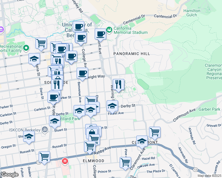 map of restaurants, bars, coffee shops, grocery stores, and more near 2546 Warring Street in Berkeley