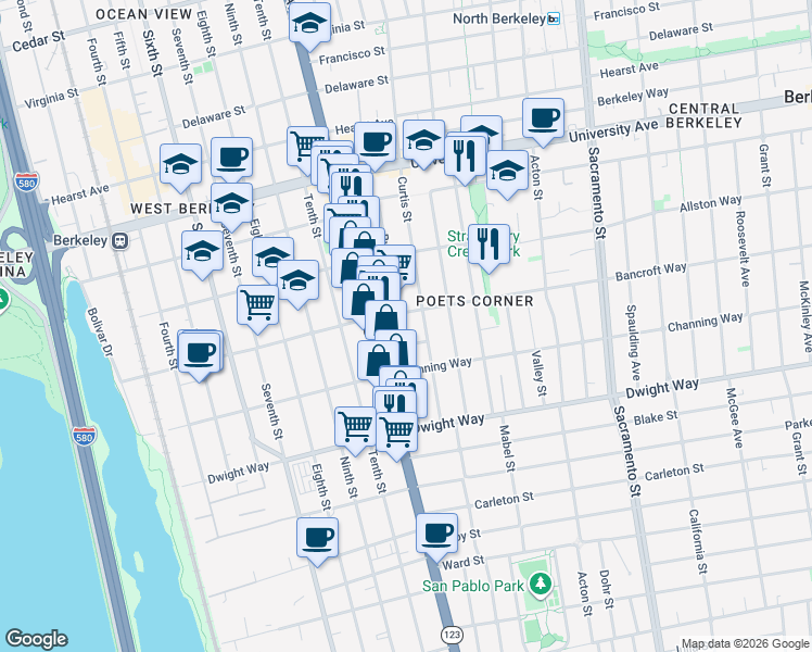 map of restaurants, bars, coffee shops, grocery stores, and more near 1128 Bancroft Way in Berkeley