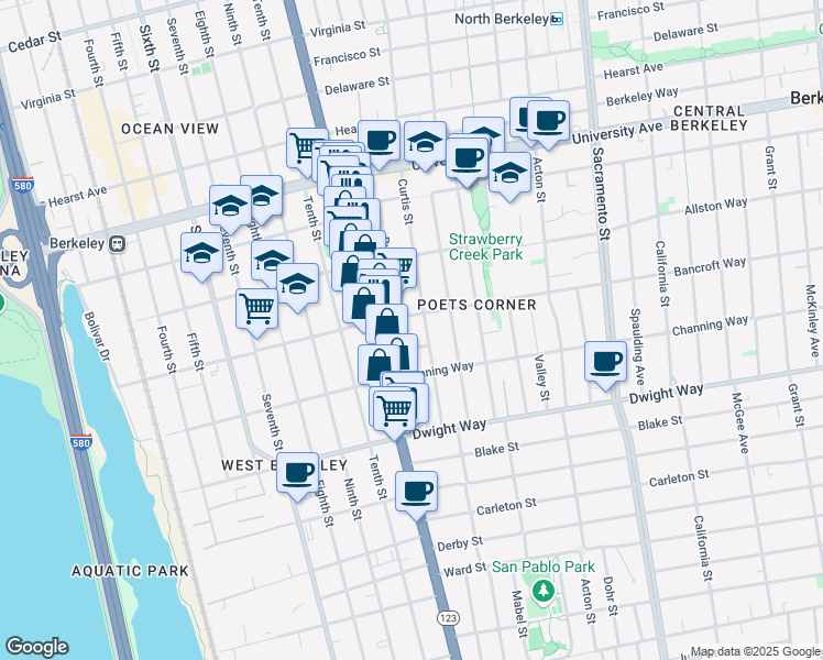 map of restaurants, bars, coffee shops, grocery stores, and more near 1130 Bancroft Way in Berkeley