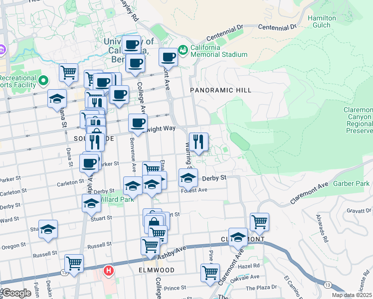 map of restaurants, bars, coffee shops, grocery stores, and more near 2601 Warring Street in Berkeley
