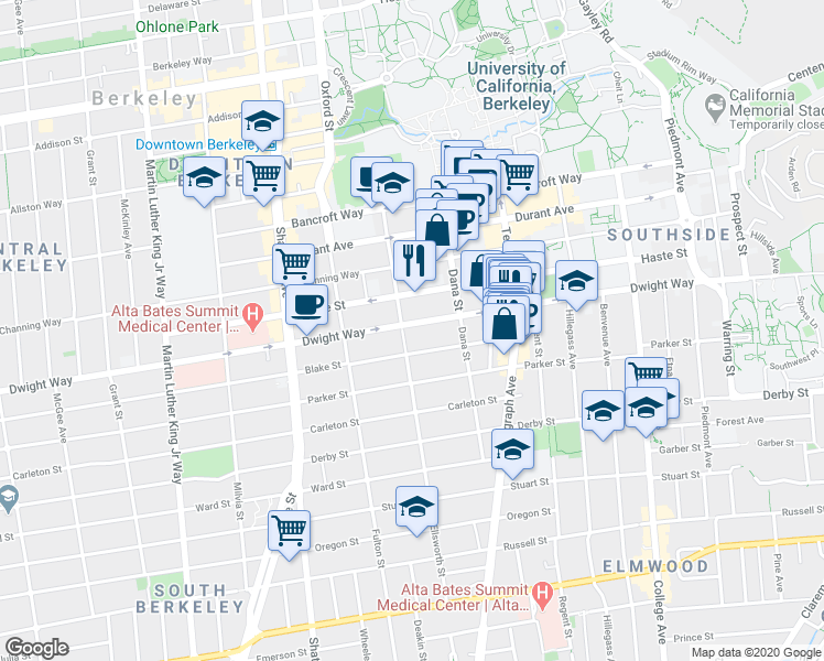 map of restaurants, bars, coffee shops, grocery stores, and more near 2324 Dwight Way in Berkeley