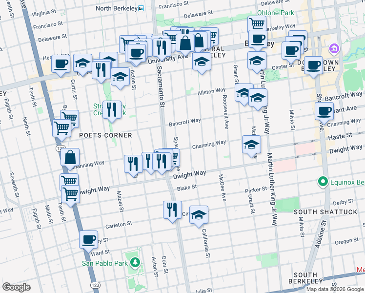 map of restaurants, bars, coffee shops, grocery stores, and more near 2341 Spaulding Avenue in Berkeley