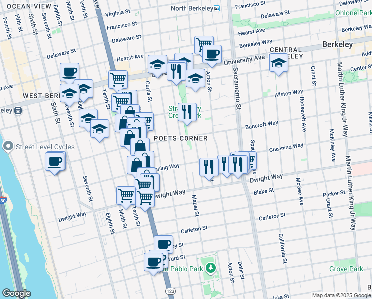 map of restaurants, bars, coffee shops, grocery stores, and more near 2326 Bonar Street in Berkeley