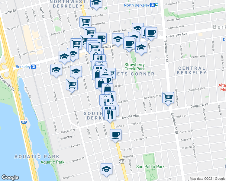 map of restaurants, bars, coffee shops, grocery stores, and more near 1138 Bancroft Way in Berkeley