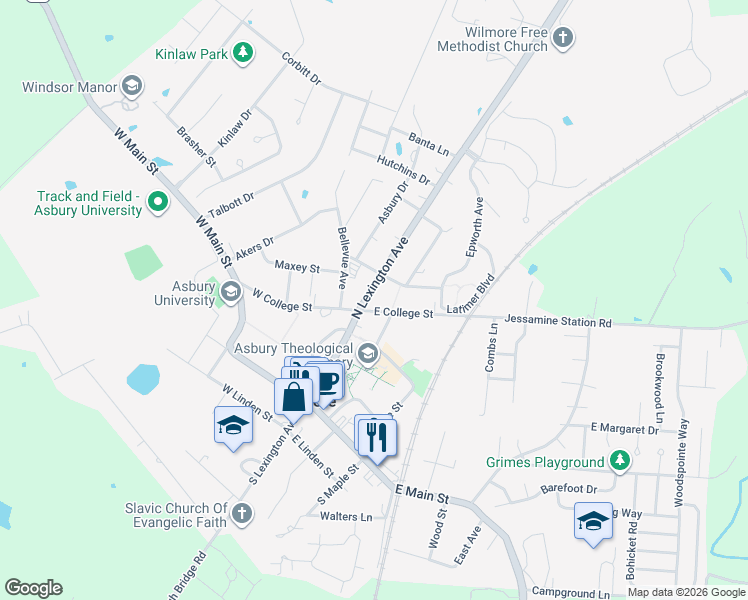 map of restaurants, bars, coffee shops, grocery stores, and more near 407 North Lexington Avenue in Wilmore
