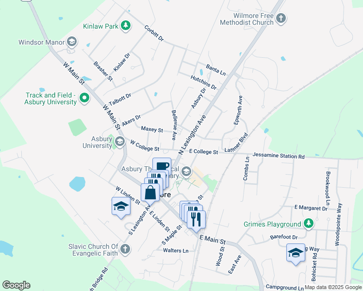 map of restaurants, bars, coffee shops, grocery stores, and more near 407 North Lexington Avenue in Wilmore