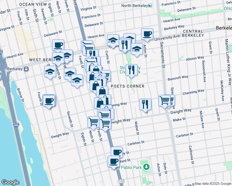 map of restaurants, bars, coffee shops, grocery stores, and more near 2311 Browning Street in Berkeley