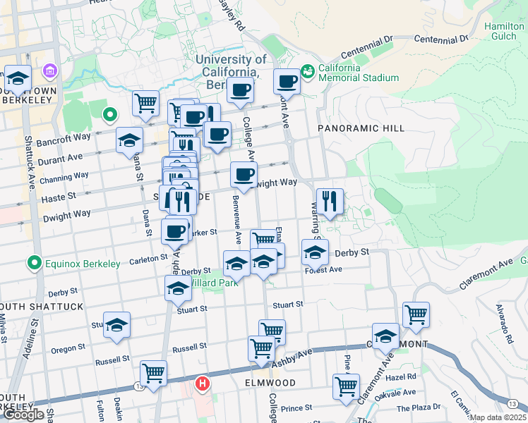map of restaurants, bars, coffee shops, grocery stores, and more near 2535 College Avenue in Berkeley