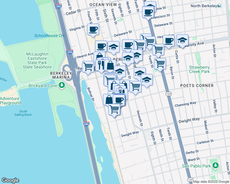 map of restaurants, bars, coffee shops, grocery stores, and more near 2212 Fifth Street in Berkeley