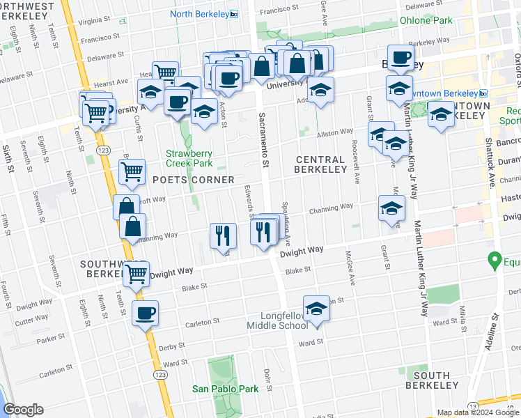 map of restaurants, bars, coffee shops, grocery stores, and more near 2340 Sacramento Street in Berkeley