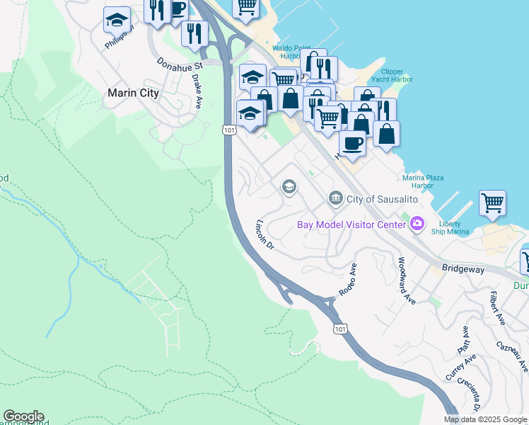map of restaurants, bars, coffee shops, grocery stores, and more near 66 Lincoln Drive in Sausalito
