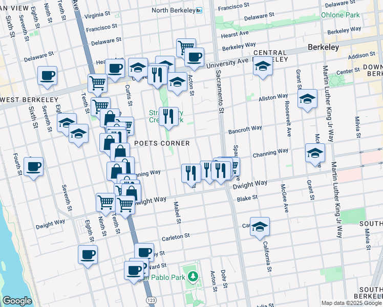 map of restaurants, bars, coffee shops, grocery stores, and more near 2324 Valley Street in Berkeley