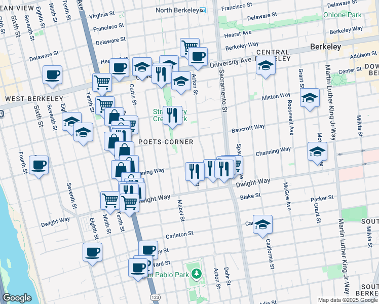 map of restaurants, bars, coffee shops, grocery stores, and more near 2324 Valley Street in Berkeley