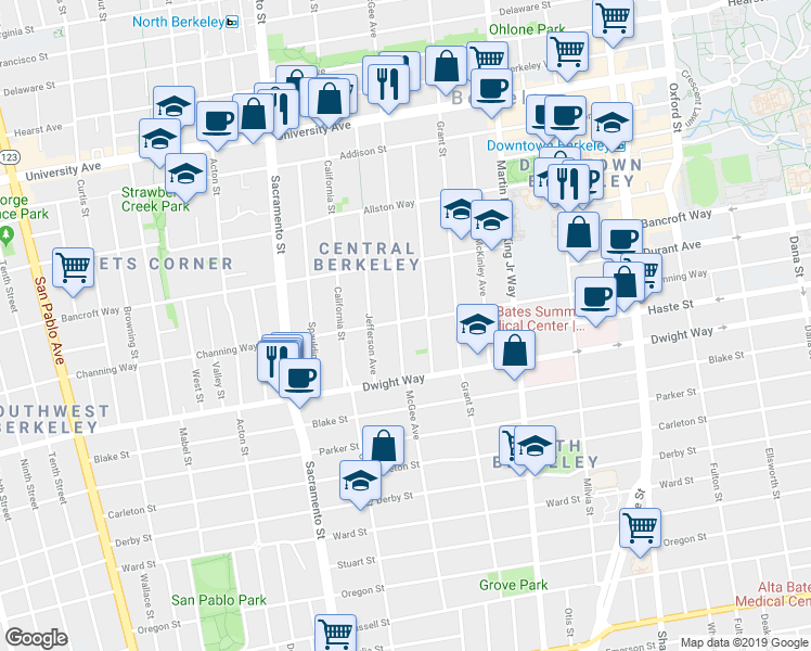 map of restaurants, bars, coffee shops, grocery stores, and more near 2401 McGee Avenue in Berkeley