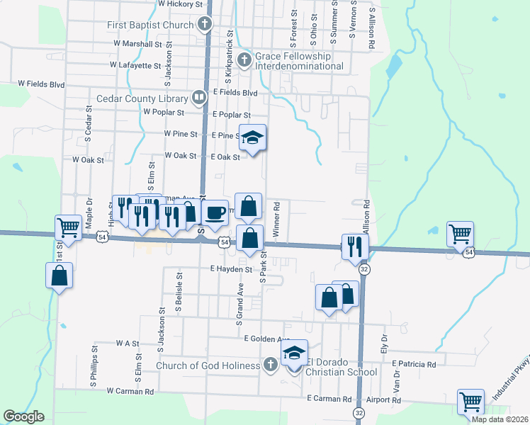 map of restaurants, bars, coffee shops, grocery stores, and more near 398 E Twyman Ave in El Dorado Springs