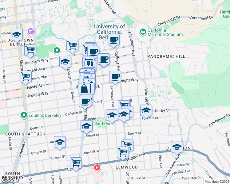 map of restaurants, bars, coffee shops, grocery stores, and more near 2529 Benvenue Avenue in Berkeley