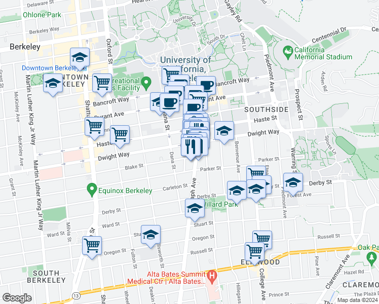 map of restaurants, bars, coffee shops, grocery stores, and more near 2540 Telegraph Avenue in Berkeley