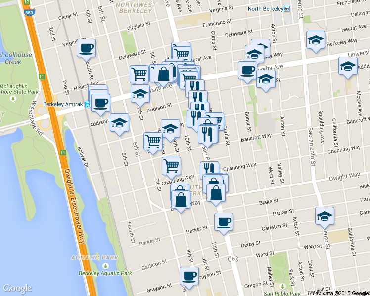 map of restaurants, bars, coffee shops, grocery stores, and more near 2246 Tenth Street in Berkeley